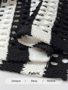 Maweii 女士休闲优雅通勤街头风V领黑白条纹系带短款开衫和高腰长直筒半身针织套装，大码可选，春夏款 - 黑與白 - 查看 8