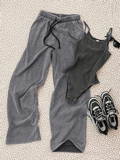 Teen Girl's Fashionable Washed Gray Fabric Camisole Jumpsuit With Long Pants, Spring/Summer
