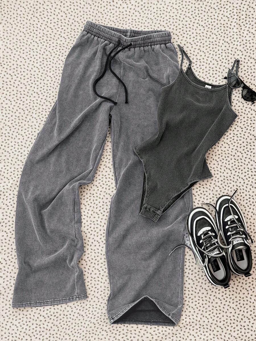 Teen Girl's Fashionable Washed Gray Fabric Camisole Jumpsuit With Long Pants, Spring/Summer - Grey - View 1