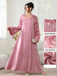 Al Najma Đầm ren tay xòe phối màu tương phản thanh lịch, thích hợp cho mùa xuân/hè. - Hồng - Xem 5