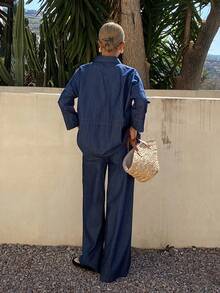 DAZY Women's Collared Waist Drawstring Denim Shirt And Loose Straight Leg Jeans Casual Denim Suit - Dark Wash - View 4