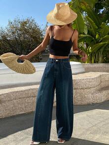 DAZY 女士常规中腰筒形裤腿宽松牛仔裤休闲街头裤 - 中等水洗藍 - 查看 6