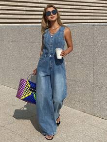 Women's V-Neck Strap Washed Denim Jumpsuit, Casual City Style Y2k - Medium Wash - View 4