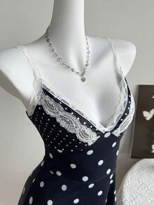 Elamini 女士夏季波点拼接荷叶边下摆A字修身吊带连衣裙 - 黑色 - 查看 1