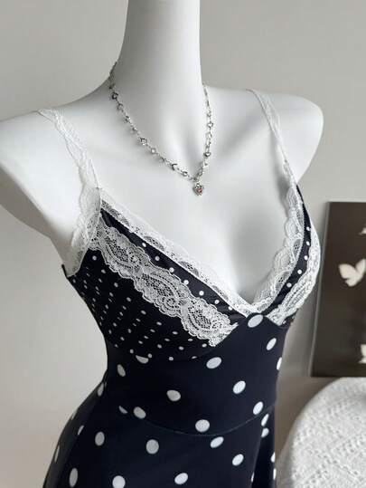 Elamini 女士夏季波点拼接荷叶边下摆A字修身吊带连衣裙