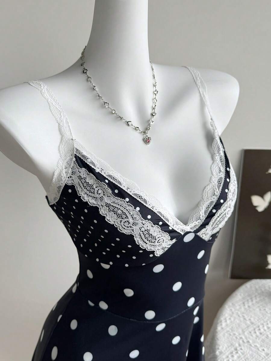 Elamini 女士夏季波点拼接荷叶边下摆A字修身吊带连衣裙 - 黑色 - 查看 1