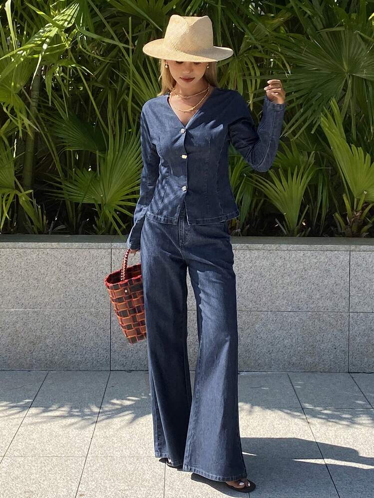 Women's V-Neck Cinched Waist Long Sleeve Denim Top And Loose Flare Pants Casual Elegant Denim Suit