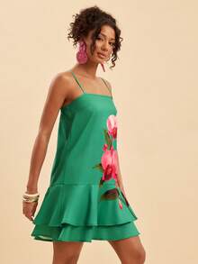 Travachic Rochie elegantă cu imprimeu floral pentru femei, îmbrăcăminte rafinată, ținută de vacanță, rochie în linie A cu volane, modă drăguță și tinerească, rochie cu barete scurte, potrivită pentru primăvară, vară, toamnă - Multicolor - Vizualizare 6