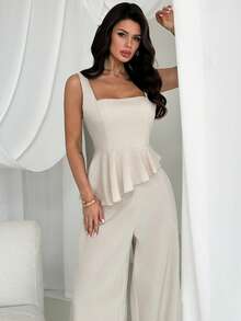 Firerie Bộ đồ nữ thanh lịch, tối giản, thời trang hàng ngày, ôm sát, gồm áo crop top không tay dáng chữ A và quần ống rộng, màu kaki trơn, chất liệu vải dệt họa tiết, thích hợp làm trang phục giáo viên, công sở. - Màu Khaki - Xem 5