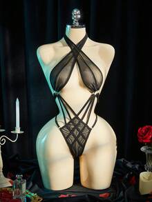 SpicyHot 一件黑色网纱露背性感连体衣 - 黑色 - 查看 3