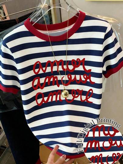 Resyla Women's Letter & Stripe Print Casual Round Neck Short Sleeve T-Shirt