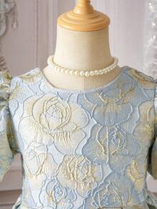 Glamorique Kids 少女花卉提花圆领花瓣袖优雅派对连衣裙 - 藍色 - 查看 9