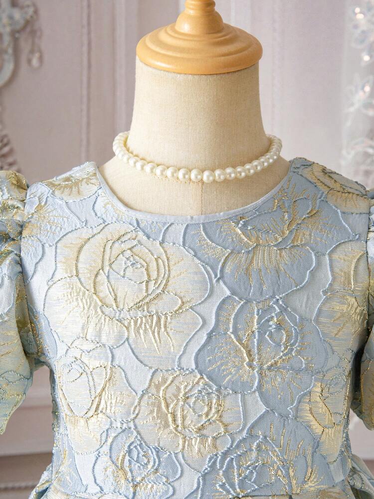 Glamorique Kids Young Girl Floral Jacquard Round Neck Petal Sleeve Elegant Party Dress - Blue - View 9