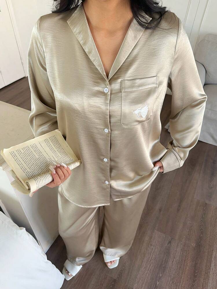 Dazy Plus Satin Fabric Loose Long Sleeve Top And Straight Leg Pants Plus Size Women Spring/Autumn Pajama Set