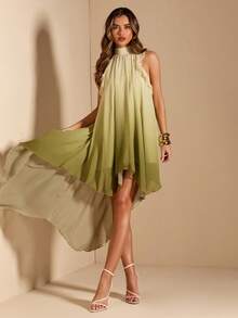 SHEIN BAE Đầm công chúa thanh lịch, sang trọng, cổ cao, xếp ly, vạt bất đối xứng màu xanh nhuộm tie-dye dành cho nữ mùa xuân/hè, đầm ngắn thời trang, đầm duyên dáng. - màu xanh lá - Xem 4