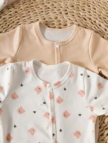 SHEIN 4 Stücke Neugeborenen Unisex Outfit, Sommer Baby Bär Herz Muster + einfarbiger Romper und Mütze mit Bärenohren Set - Verschiedenfarbig - Übersicht 5
