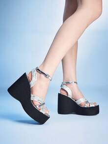 Sugerpunk 女士厚底凉鞋 拖鞋 露趾坡跟时尚女鞋 - 銀色 - 查看 6