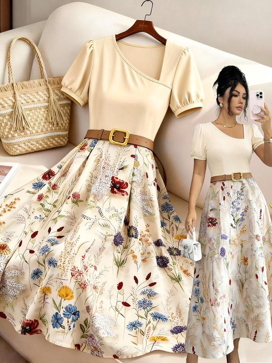 GlowEve 女士纯色杏色拼接花卉图案二合一收腰A字休闲优雅迷人日常音乐节海滩通勤性感时尚约会法式街头复古百搭春夏杏色多色新款短袖中长连衣裙 - 彩色 - 查看 1