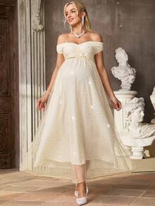 SHEIN Đầm lưới sang trọng hở vai đính sequin dành cho bà bầu - Màu be - Xem 3