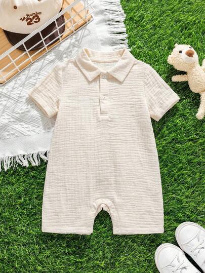 SHEIN Baby Boy/Girl Casual Everyday Textured Soft Comfortable Jacquard Fabric Polo Collar Short Sleeve Half-Zip Romper Shorts, Suitable For Vacation, Home, Outings, Spring/Summer