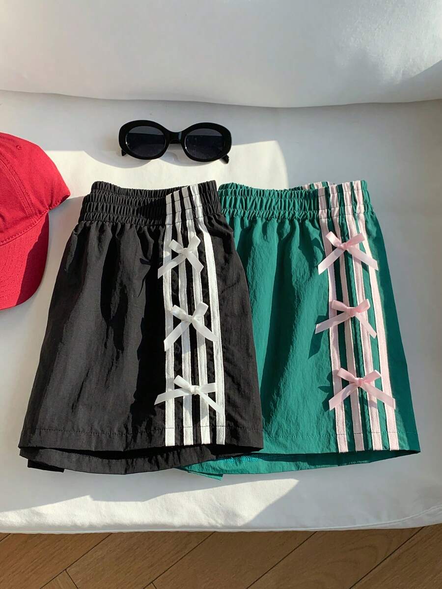 Comfortcana 女士夏季休闲撞色条纹短裤，饰有蝴蝶结 - 彩色 - 查看 1