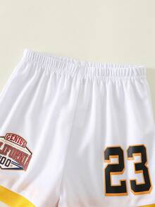 SHEIN Bộ đồ thể thao mùa hè cho bé trai gồm áo tank top dệt kim in chữ dễ thương và quần short cạp chun, kiểu dáng đồng phục bóng rổ. - Nhiều màu - Xem 7