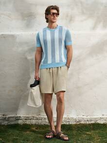 Manfinity Dauomo 条纹针织宽松镂空套头毛衣 - 藍色 - 查看 4