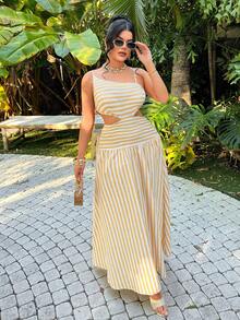 SHEIN SXY 条纹黄色不对称露腰休闲度假连衣裙，夏季，春季，度假，海滩，外出，休闲，夏日连衣裙，条纹，条纹长裙，长款太阳裙，夏季，春季，度假，海滩，伊比沙岛，漂亮穿搭，夏季穿搭，女士休闲连衣裙，女士夏季穿搭，女士夏季连衣裙 - 黃色 - 查看 5
