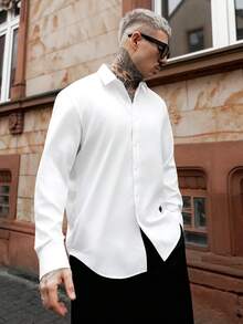 Artur Kramer Men Solid Button Front Shirt, For Husband, Long Sleeve, Plain, Work, For Fall, Old Money Style - White - View 4