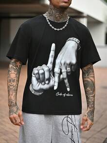 Devon Thys 洛杉矶 LA 手势徽标印花时尚街头风格黑色落肩 T 恤男款 - 黑色 - 查看 5