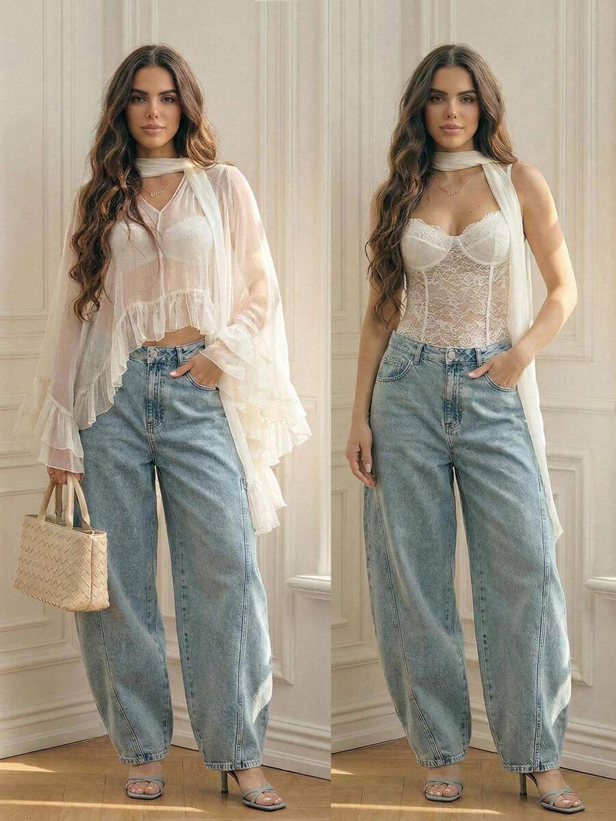 Anewsta Quần jeans nữ ống loe cạp cao màu xanh nhạt kiểu vintage, thích hợp mặc đi làm, thích hợp cho mùa xuân hè. - Màu xanh lam - Xem 1