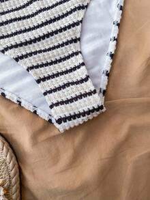 SHEIN Teen Girls' Black & White Striped Textured Halter Tankini Top, Suitable For Swimming, Vacation, Beach Wear, Children's Swimwear Set, Summer Holiday - Black and White - View 6