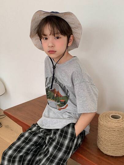 Dazy Kids Tween Boy Letter & Cartoon Print Round Neck Short Sleeve T-Shirt And Plaid Pants Casual Daily Outfit