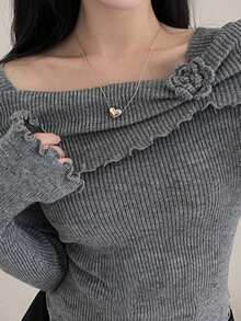 DAZY Women Off-Shoulder 3D Floral Long Sleeve Fitted Asymmetrical Cropped Sweater - Grey - View 5