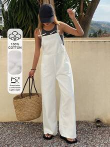 DAZY Bộ áo liền quần và yếm denim trắng buộc dây kiểu dáng thường ngày dành cho nữ, phong cách nghỉ dưỡng Y2K - trắng - Xem 1