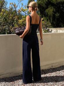 DAZY 女士牛仔背带上衣和宽松阔腿裤休闲牛仔套装 - 深色水洗藍 - 查看 6