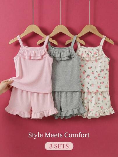 SHEIN Conjunto elegante de verano para niña, top de tirantes y shorts con volantes en el bajo, esencial para salidas diarias