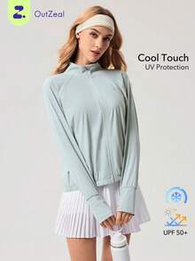 OutZeal Chaqueta protectora solar para mujer, chaqueta de gimnasio con protección UV, toque fresco, cuello alto y cremallera para exteriores - Gris - Ver 1