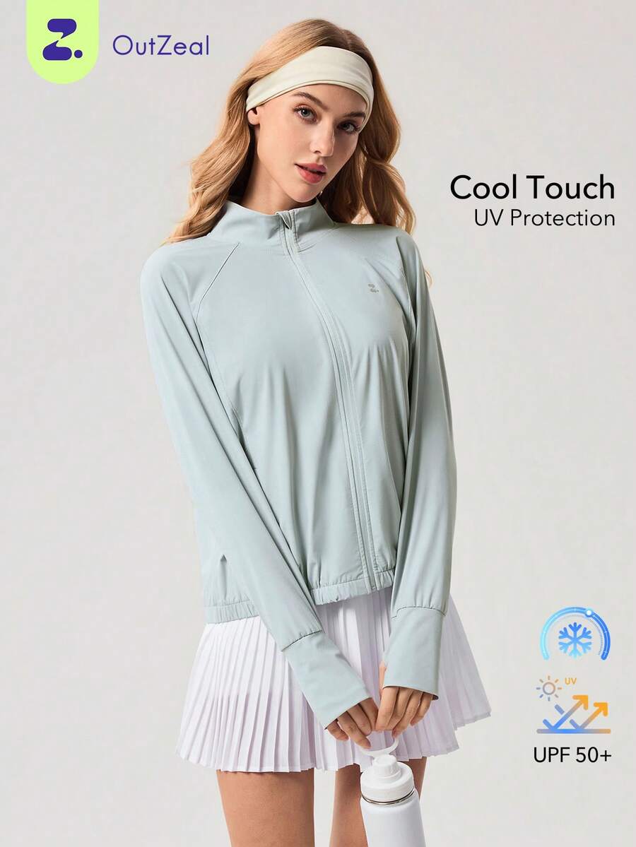OutZeal Chaqueta protectora solar para mujer, chaqueta de gimnasio con protección UV, toque fresco, cuello alto y cremallera para exteriores - Gris - Ver 1