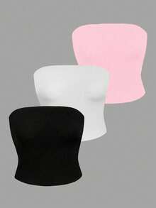 Olithes 女士純色簡約日常無肩帶背心 - 藕粉色 - 查看 4