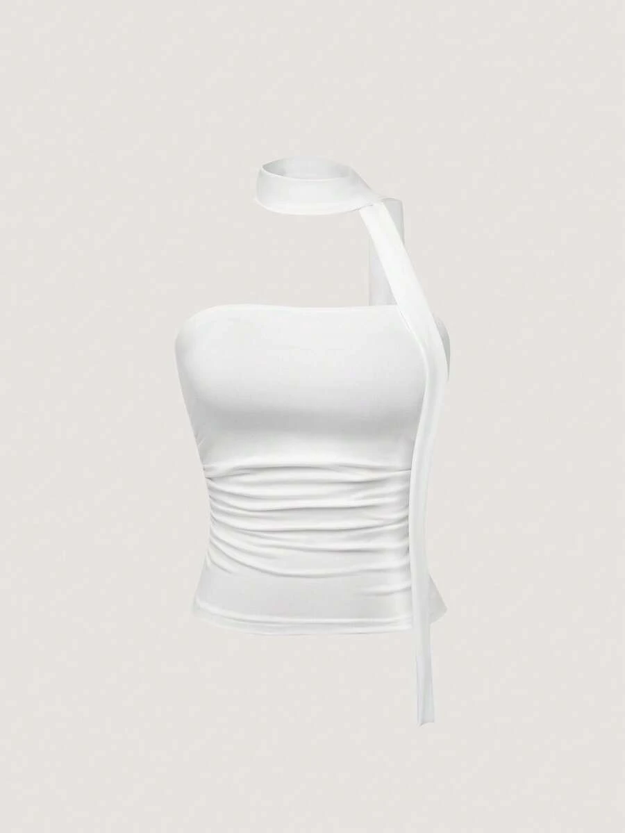 Olithes 女士豹纹褶皱抹胸上衣配围巾 - 白色 - 查看 1