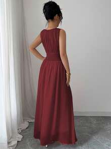Elenzga Women's Burgundy Summer Elegant Party Chiffon Maxi Dress,Vintage Sleeveless Round Neck Drawstring Waist Pleated Back Lined Casual Beach Gown - Burgundy - View 2