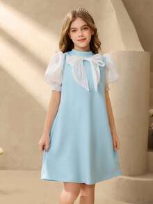 Tween Girls' Elegant Lily Satin Puff Sleeve Dress With Cute Bow Design And Blue Wave Pattern, And Gentle - Blue - View 6