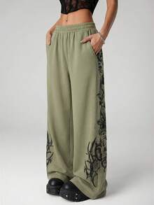 SHEIN ICON Women's Elastic Waist Pocket Wing Pattern Casual Versatile Daily Wear Wide Leg Pants - Volcanic Gray - View 2