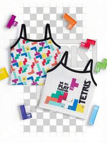 Tetris™ X SHEIN Young Girl Geometric Print Casual Daily Camisole - Black and White - View 1