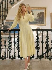 BizChic New Cream Yellow Shirt Dress With V-Neck, Asymmetrical Pleated Hem, Dropped Shoulder, Versatile For Spring/Summer Wear - Light Yellow - View 2