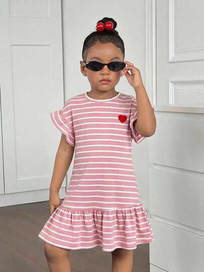 Emery Rose Kids Young Girl Knitted Striped Heart Decor Round Neck Ruffle Hem Casual Dress Kids Ruffle Dress Toddler Striped Dress Pink Toddler Dress Casual Girl Stripe Outfit Drop Waist Dress 5y Girl T Shirt Dress Pink Striped Dress For Kids
