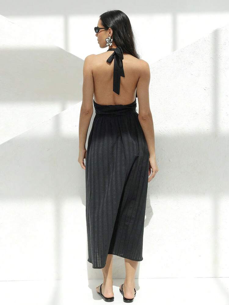 KSTM Women's Black Plunge Halter Neck Midi Dress With Tie Detail And Ruched Waist For Evening Party
