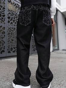 Artur Kramer 男士几何图案口袋直筒休闲牛仔裤，适合外出聚会、通勤、度假、街头、垃圾摇滚风 - 黑色 - 查看 2