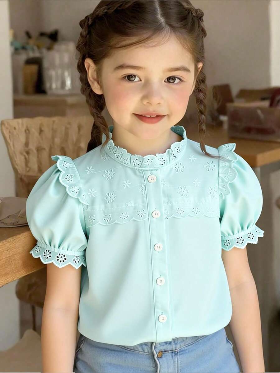 SHEIN Elladie kids 女童休閒花卉荷葉邊花瓣袖純色上衣，夏季優雅派對穿搭
